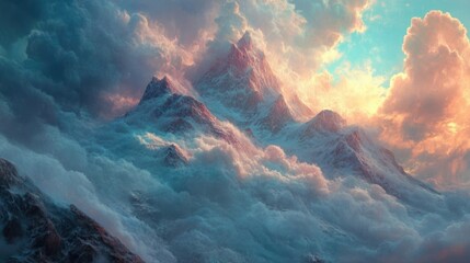 Majestic mountain peak rising through vibrant clouds at sunrise
