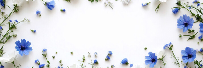 A charming arrangement of wild blue and white flowers scattered around a blank space for text, framed naturally with a white background, evoking a clean and minimal aesthetic, banner