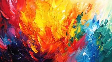 Vibrant abstract painting featuring a dynamic blend of colors, including bold reds, blues, yellows, and greens, swirling together in an energetic composition that evokes emotion and movement.