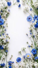 Wild blue and white flowers arranged in a playful, chaotic pattern around an empty space for text, set against a simple white background, creating a minimalist and fresh vibe
