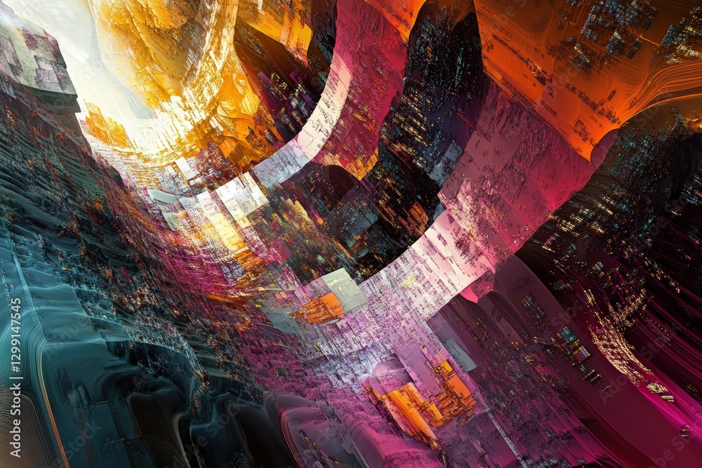 Poster vibrant abstract design showcasing flowing shapes and dynamic colors, representing the intricate nat