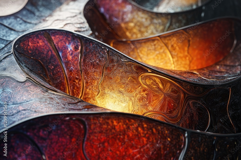 Poster Abstract swirling metallic forms with fiery orange and dark brown hues, creating a mesmerizing texture.