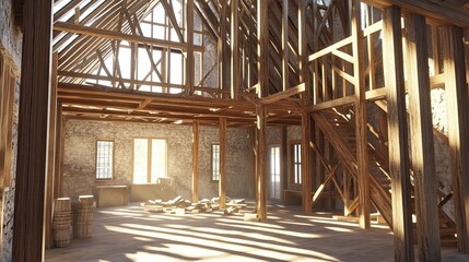 Stylized 3D render of a house frame made of sustainable materials digital