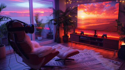 Cozy VR gaming room with sunset view.