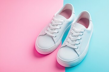 Fototapeta premium White casual sneaker with lace-up on a pastel background, product photography, studio shot, pastel colors, pink and blue, minimalistic, hard lighting