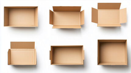 set of open empty carboard boxes isolated on white background