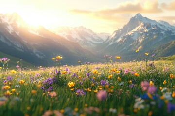 Fototapeta premium Vibrant wildflowers bloom in a sunlit alpine meadow, majestic mountains in the background.