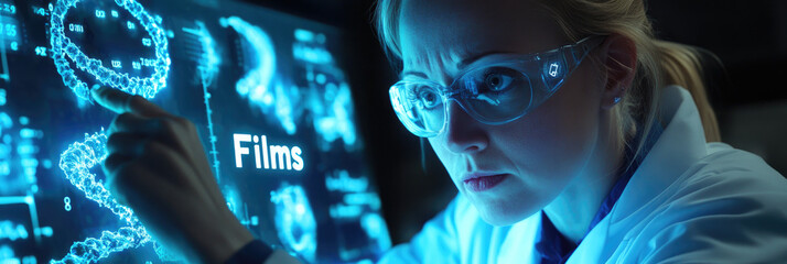 Female scientist analyzing DNA sequences on a digital screen in a modern laboratory setting