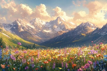 Obraz premium Vibrant wildflowers bloom in a lush meadow, nestled against a majestic backdrop of snow-capped mountains under a sunset sky.