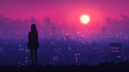 Girl stands alone in a melancholic mood overlooking a vibrant city at sunset