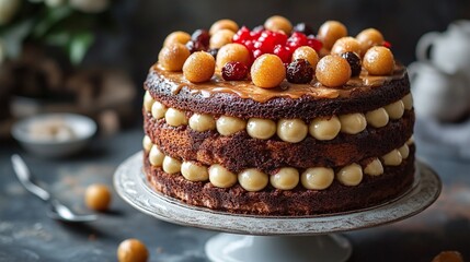 Layered chocolate cake, fresh berries, macaron decorations, gold leaf accents, rustic wooden table, soft lighting.