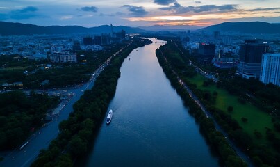 Fototapeta premium Sunset River Cruise Cityscape Aerial View