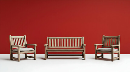 Rustic Wooden Furniture Set Against Red Wall on White Floor