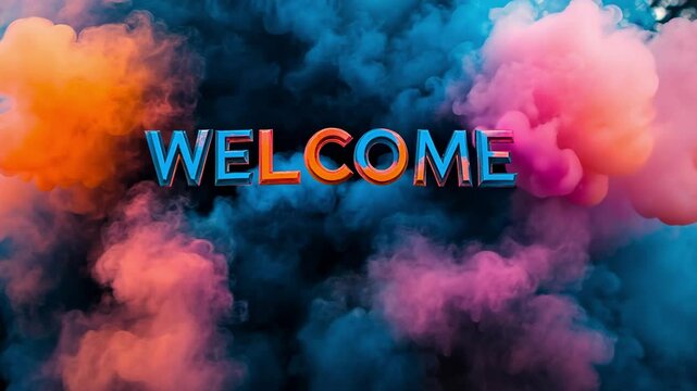 Welcome letter with colorful smoke clouds on a dark backdrop