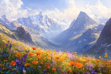 Fototapeta premium Vibrant wildflowers bloom in a picturesque alpine meadow, nestled amidst majestic snow-capped mountains under a bright sky.