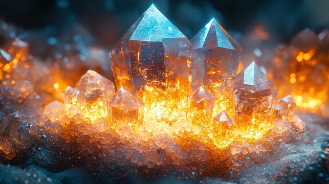 Macro view of precious minerals such as diamonds and copper veins illuminated by soft light, revealing natural beauty deep within the Earth's crust