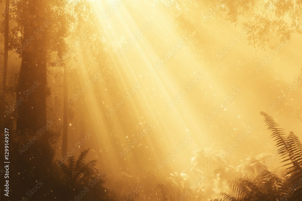Poster golden sunlight beams through a misty forest, illuminating ferns and trees in a magical, ethereal gl