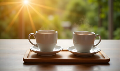 Obraz premium Two steaming cups of coffee on wooden tray with morning sunlight