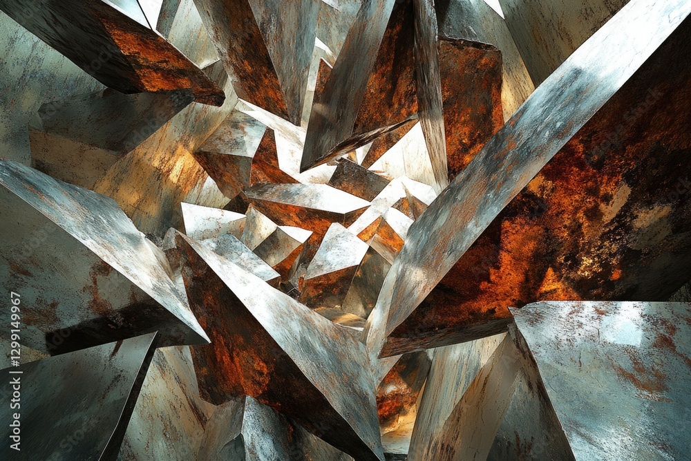 Poster Abstract image of a chaotic arrangement of rusted metallic geometric shapes creating a visually striking and complex structure.