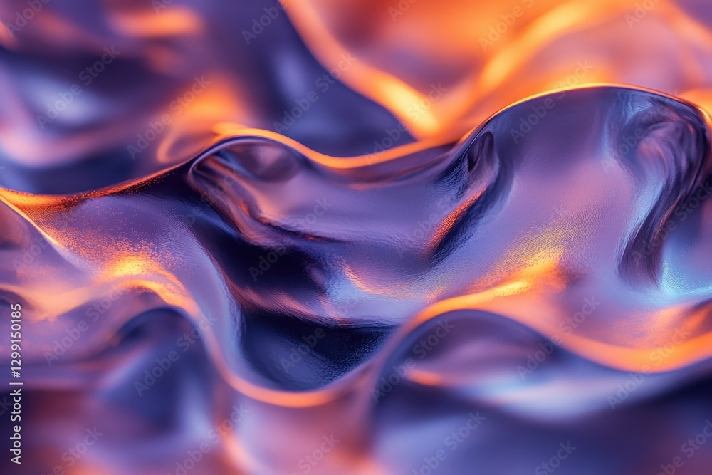 Poster abstract image of flowing, metallic liquid with purple and orange hues, creating a mesmerizing visua