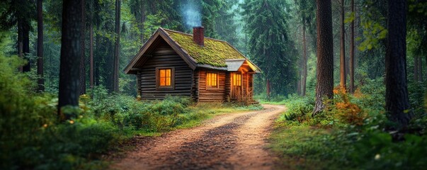 Cozy log cabin in a mystical forest
