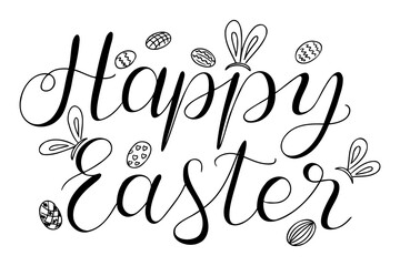 Happy Easter calligraphy with decorative Easter eggs and bunny ears in a black and white hand drawn style, perfect for greeting cards, coloring pages, and festive designs. Vector illustration