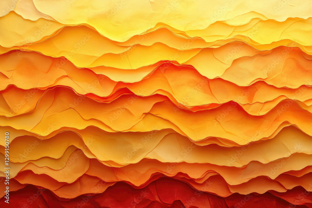 Poster layered shades of orange and red create an abstract landscape resembling undulating hills or mountai