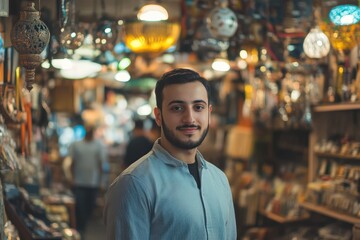 Fototapeta premium Young Muslim entrepreneur leads a retail store, excelling with diverse products and exceptional service, creating a welcoming environment for customers.