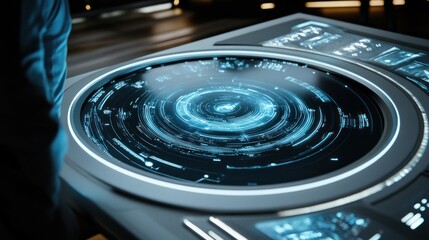 Futuristic interactive console in a spaceship interior