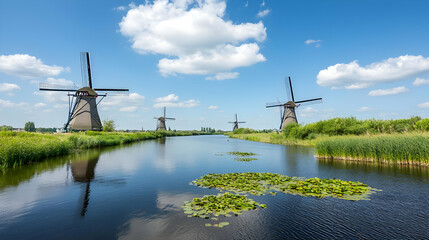 Panoramic View Of Windmills Alongside Canal In The Netherlands Under A Bright Blue Sky With Fluffy White Clouds