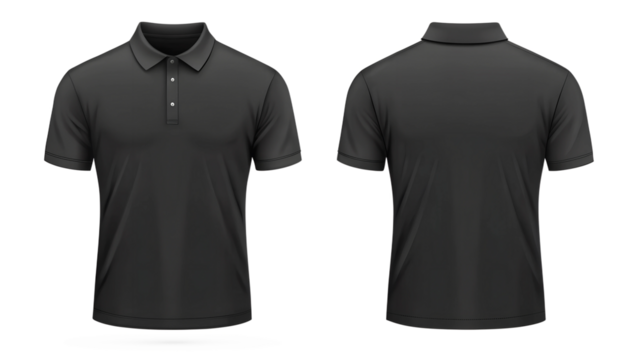 Black poto T-shirt front and back view, isolated on transparent background