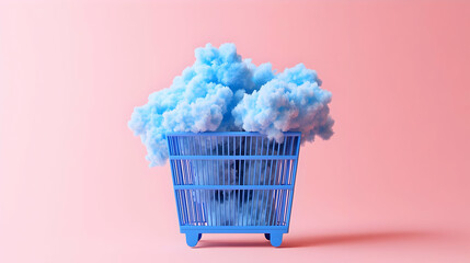 Blue Shopping Cart Filled With Fluffy Clouds Against Pink Background