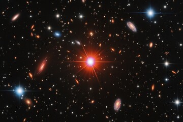 red giant star surrounded by a backdrop of distant nebulae and galaxies