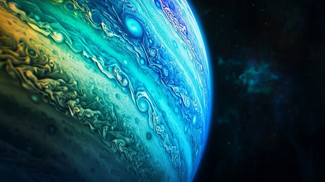 an aurora on Jupiter with vibrant hues of blue and green dancing across the gas giant's atmospheric layers