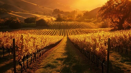 Fototapeta premium A picturesque vineyard stretches across rolling hills, adorned with vibrant golden leaves that shimmer in the warm glow of the setting sun, creating a serene and enchanting autumn landscape.