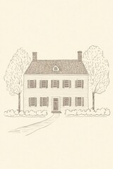Fototapeta premium Sepia Drawing Of A Two Story House With Trees And Path For Sale Illustration Artwork By Hand Drawn Sketch Design And Architecture. With Windows And Doors Illustration Of Building And Property