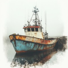 Rusty Abandoned Fishing Boat Moored at Foggy Harbor Dock | Nautical Seascape and Maritime Photography