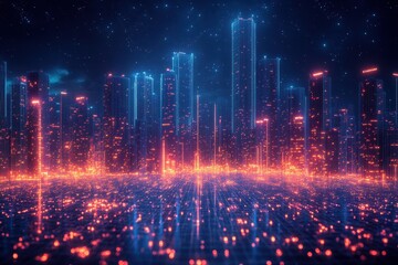 Obraz premium Futuristic digital cityscape illuminated with vibrant lights at night