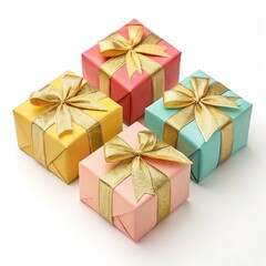 Obraz premium Four Pastel Gift Boxes with Gold Ribbons Square Composition, Festive Concept, White Background Gift, Presents