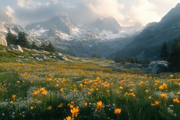 Vibrant yellow wildflowers bloom in a lush meadow, nestled amidst majestic snow-capped mountains under a cloudy sky.