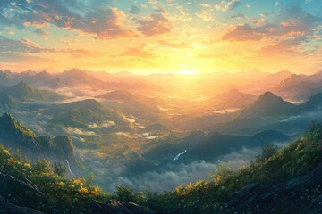 Fototapeta premium Golden sunrise illuminates a breathtaking valley, nestled amongst verdant mountains and misty peaks.