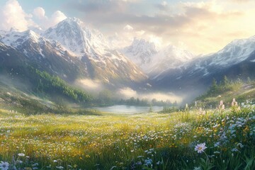 Fototapeta premium Serene alpine meadow blossoms beneath snow-capped mountains, bathed in sunlight.