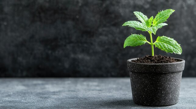 Fresh mint sprout in pot, dark background.  Use  Recipe, blog, gardening