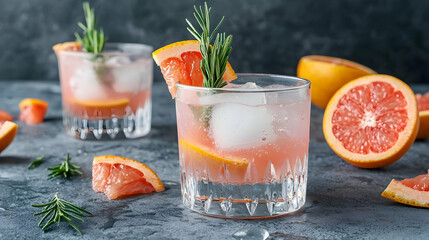 Fototapeta premium Refreshing Grapefruit Cocktail with Rosemary and Ice in Elegant Glasses on Textured Surface
