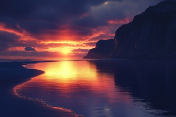 Fiery sunset over calm ocean waters, reflecting vibrant colors on the tranquil beach near dramatic cliffs.
