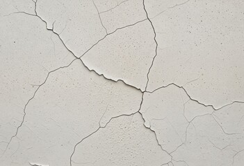 Obraz premium This image captures a close-up view of a cracked white concrete wall, with a diagonal crack running through the center, creating a rhythmic pattern of small holes and cracks
