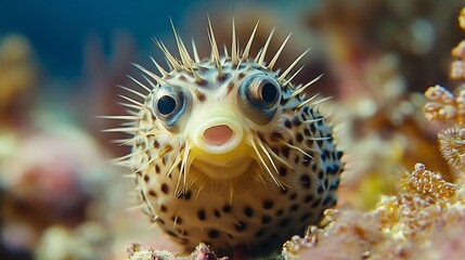 Quirky Pufferfish puffed up in self defense its tiny beady eyes wide with determination sharp spines protruding from its round bloated body