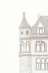 Fototapeta premium Sepia Drawing Of An Old Building With A Tower And Windows To Show Details Of The Facade Design And Architecture. Exterior Of A Residential Building From The Past, Depicted In Sepia Tone With