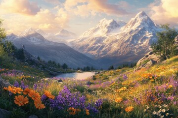 Serene alpine meadow blossoms in vibrant hues against a majestic snow-capped mountain backdrop at sunset.