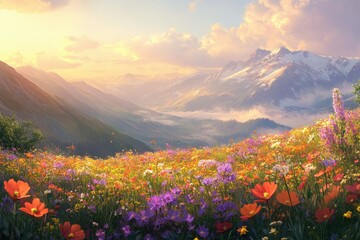 Obraz premium Vibrant wildflowers bloom in a picturesque mountain valley at sunset, creating a breathtaking scene.